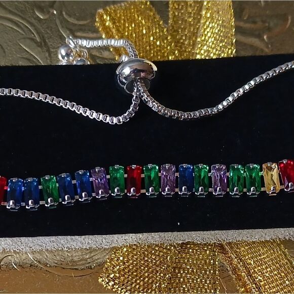 Rainbow Gemstones Sterling Silver Adjustable Bracelet - Picture 2 of 10